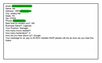 Actual Job From Our Request a Bartender Form