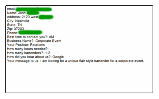 Actual Job From Our Request a Bartender Form