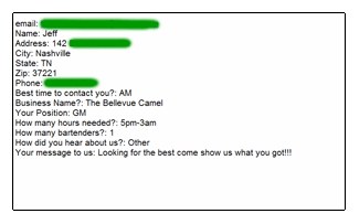 Actual Job From Our Request a Bartender Form
