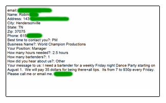 Actual Job From Our Request a Bartender Form