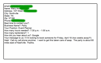 Actual Job From Our Request a Bartender Form