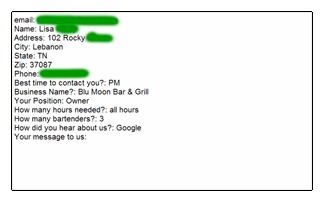 Actual Job From Our Request a Bartender Form