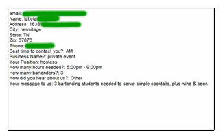 Actual Job From Our Request a Bartender Form